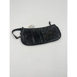 Fossil Vtg Y2K Black Leather studded Butterfly Embroidered Wristlet Clutch Purse